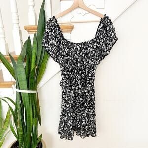 Saylor Black White Floral Print Off-The-Shoulder Pleated Flounce Mini Dress